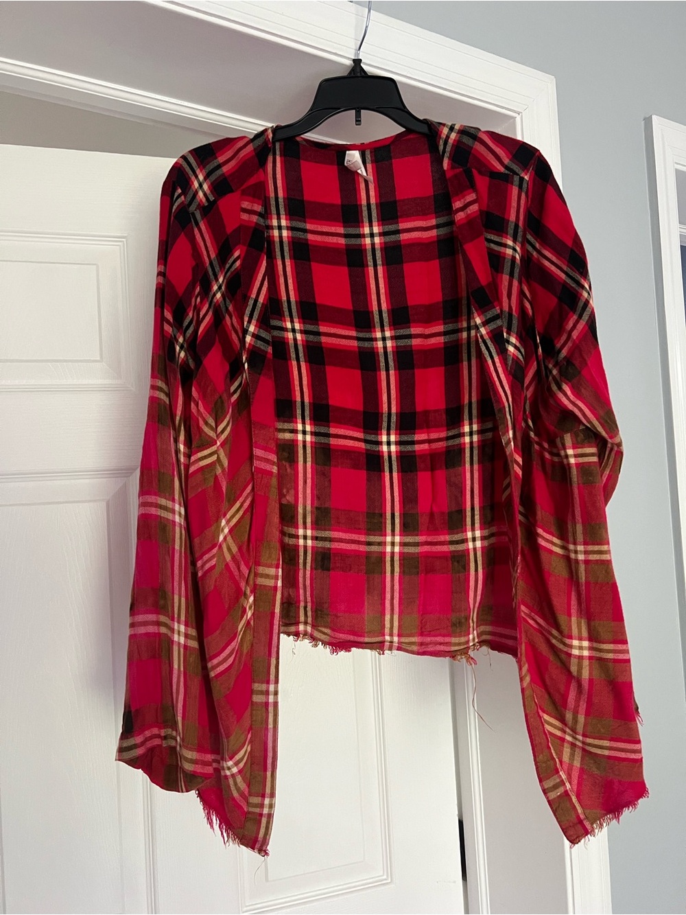 Women’s Red Plaid Open-Front Flannel Shirt